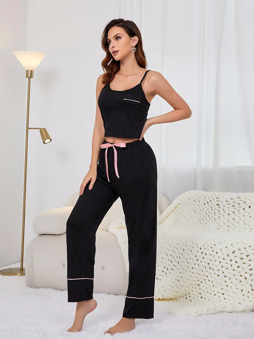 Marthaqiqi Black Women'S Pajamas Sets Sexy Spaghetti Strap Sleepwear With Elastic Waist Trousers Summer Home Clothes For Women