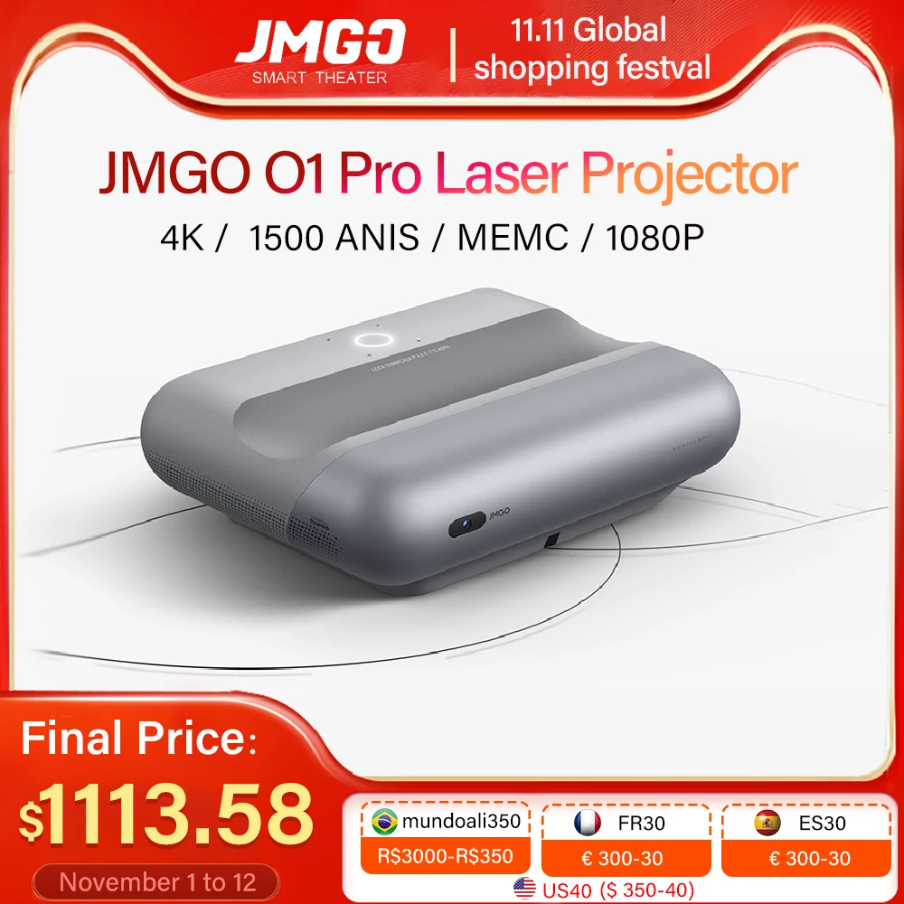 

JMGO O1 Pro Laser Projector 4K 1500 ANSI Lumens Ultra Short Throw Projector DLP MEMC 1080P Smart Data Show Home Theater