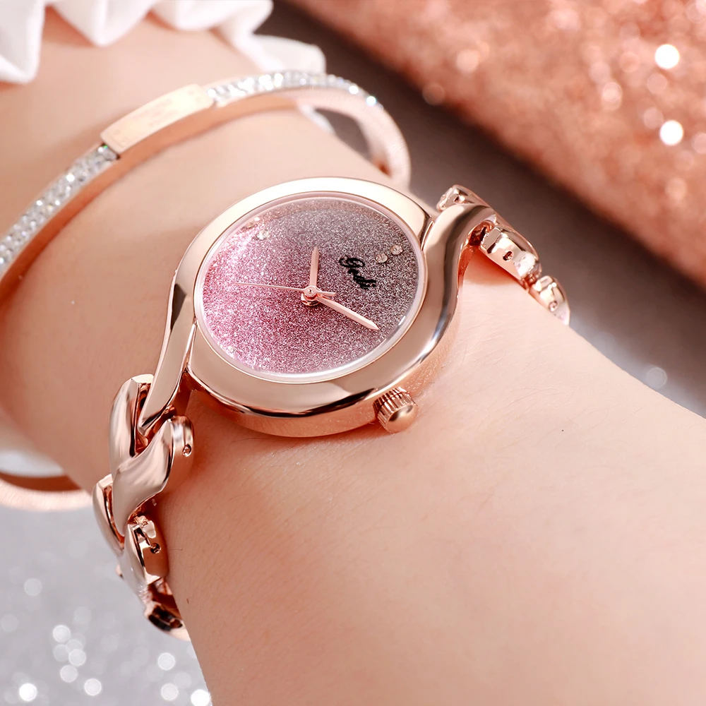GEDI Waterproof Gradient Rose Gold Women Watches Luxury Heart Shaped Bracelet Ladies Watch Fashion Quartz Wristwatches Clock