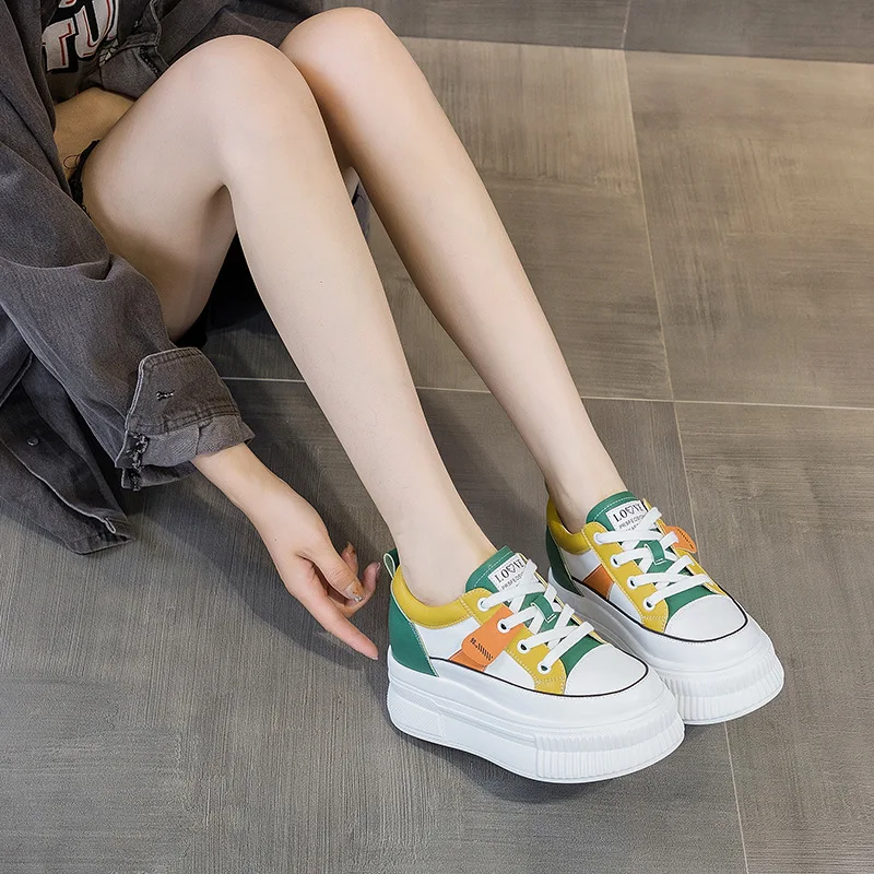 7cm Elevator Shoes Genuine Leather Hidden Heel Platform Wedge Chunky Sneakers Summer Autumn Women Lace Up Mixed Color  Shoes