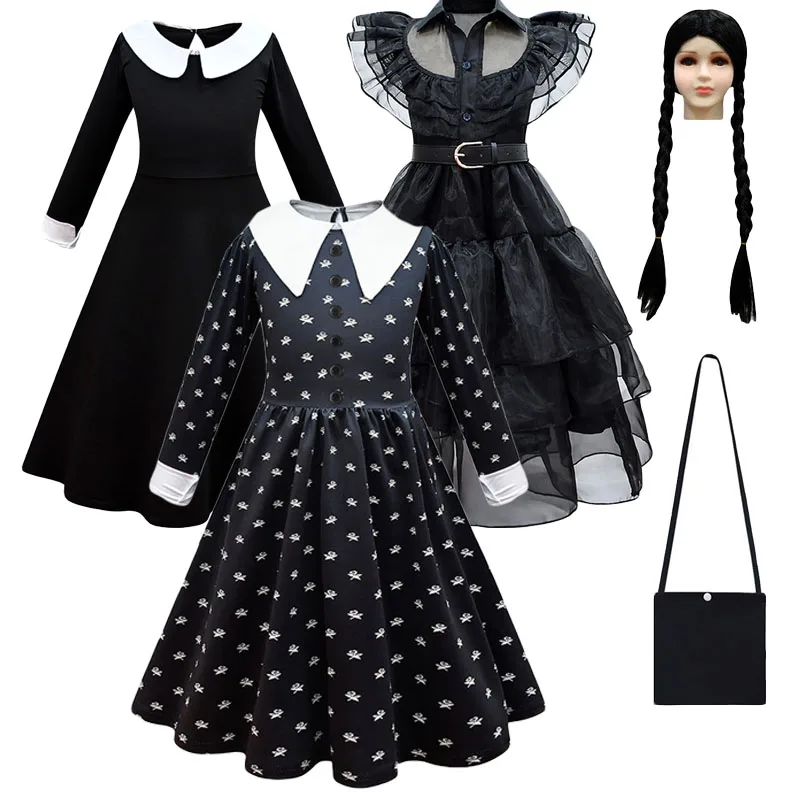 

Wednesday Addams Family Costume Dresses Girls Mesh Trail Dresses Birthday Baptism Party Gown Baby Halloween Performance Clothes