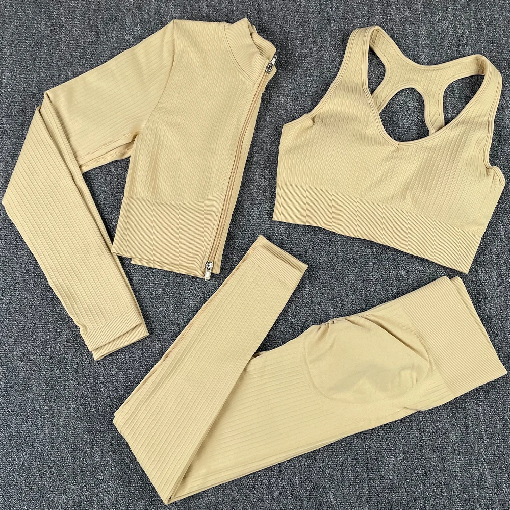 

Women's Sport Suit Gym Tights Yoga Set High Waist Seamless Leggings Fitness Long Sleeve Crop Top Sports Bra Workout Tracksuit
