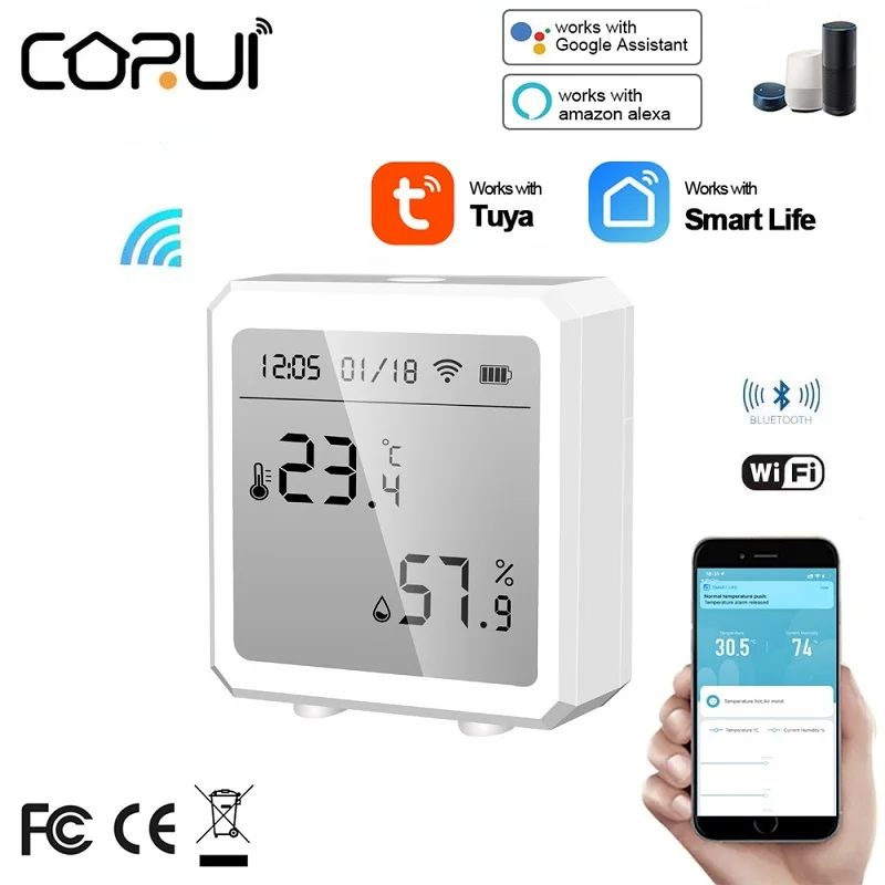 

CORUI Tuya Smart Temperature And Humidity Sensor Wifi Bluetooth Indoor Hygrometer Thermometer Detector With LCD Display