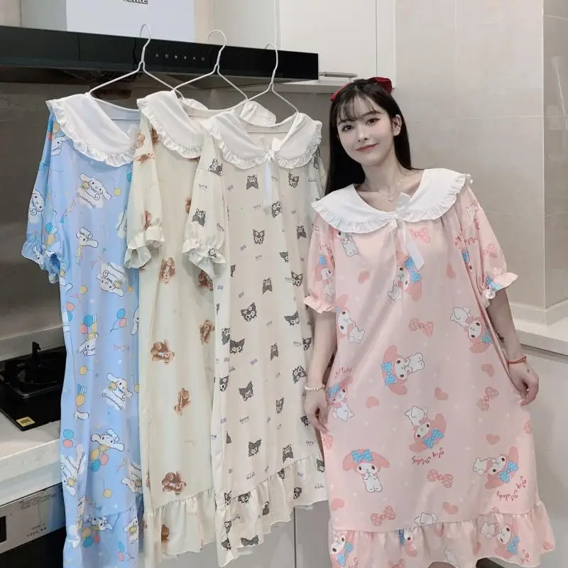 

Sanrio My Melody Cinnamoroll Kuromi милые пижамы в стиле принцессы ночная рубашка для студентов Домашняя одежда с кукольным воротником свободная ночная рубашка