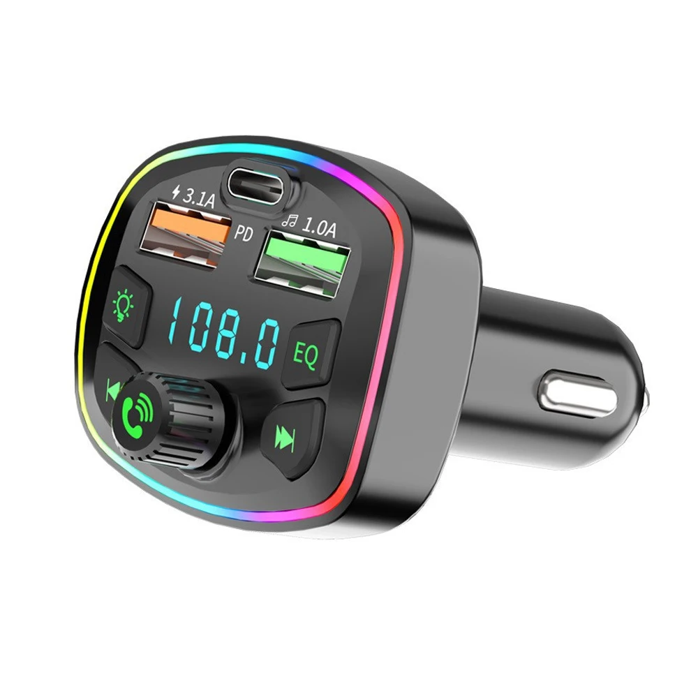 

Автомобильный Bluetooth-совместимый FM-передатчик 5.0 PD 18 Вт Type-C, двойное USB-быстрое зарядное устройство, красочный окружающий свет, прикуриватель