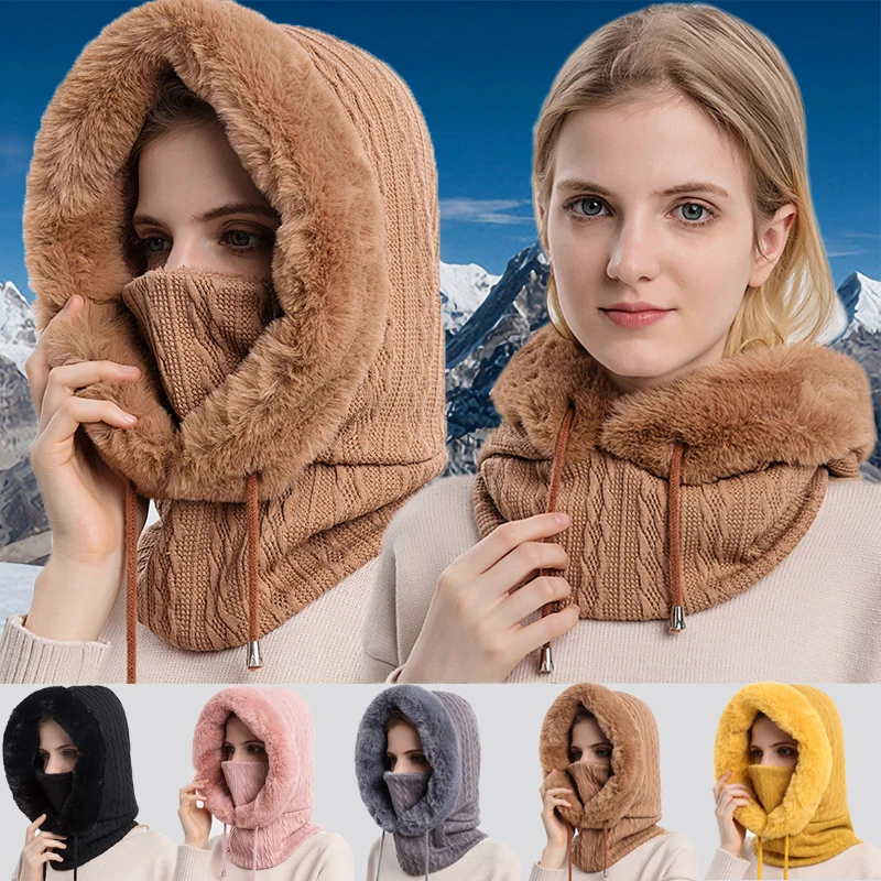 

2023 Winter Knitted Cashmere Fur Hat Mask Set Women Warm Outdoor Ski Windproof Cap Thick Siamese Scarf Collar Thick Plush Hat