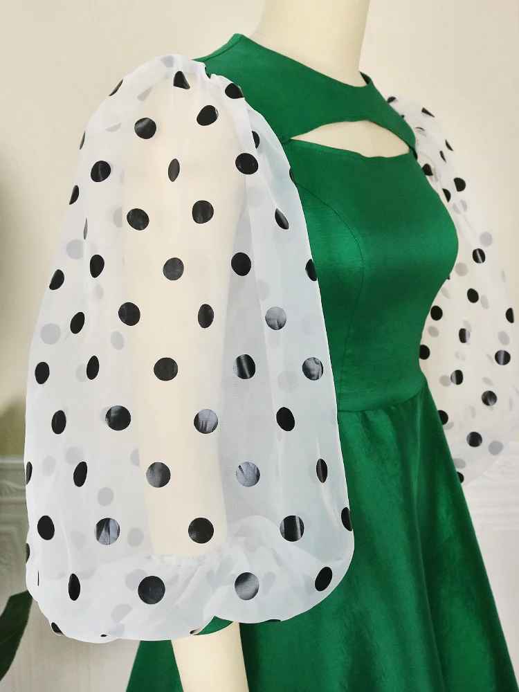 Women Elegant Dress Tulle Dots Patchwork Flared Swing Long Sleeve Skater formal Dress Summer Big Size Outfit Clothing