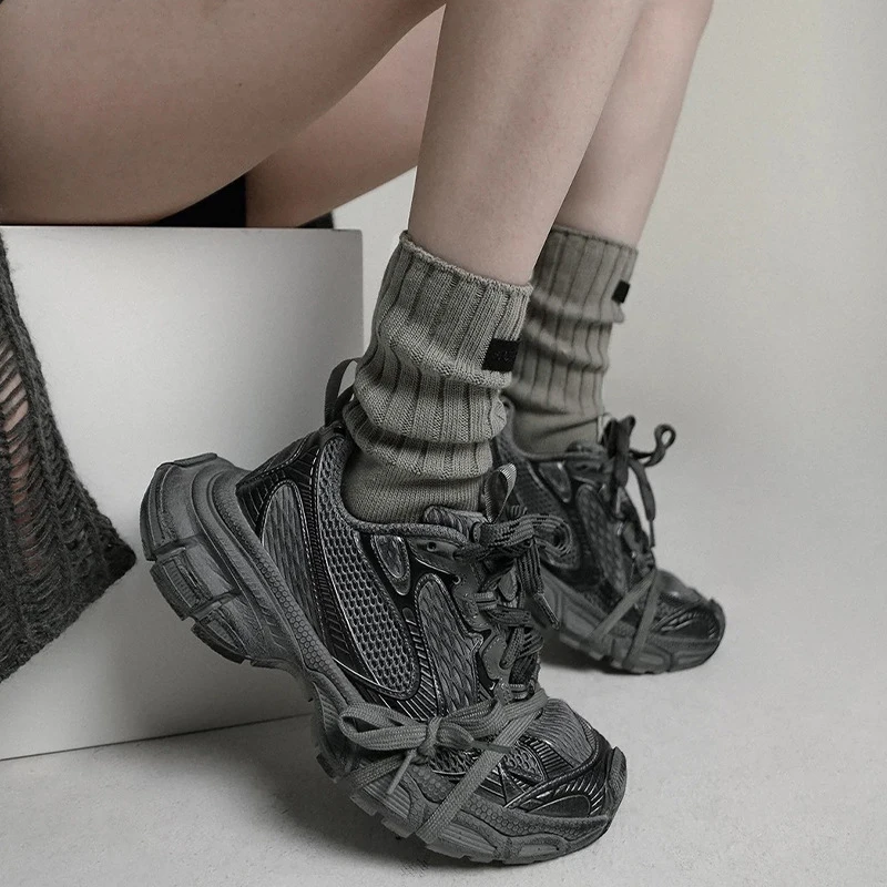 

Носки женские трикотажные в стиле ретро, модные теплые домашние хлопковые средней длины с черными этикетками, с толстыми нитями, весна-осень-зима