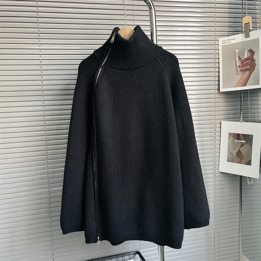 

SuperAen осень 2022 новый свитер с высоким воротом Пальто Женский дизайн на молнии свободный длинный вязаный пуловер