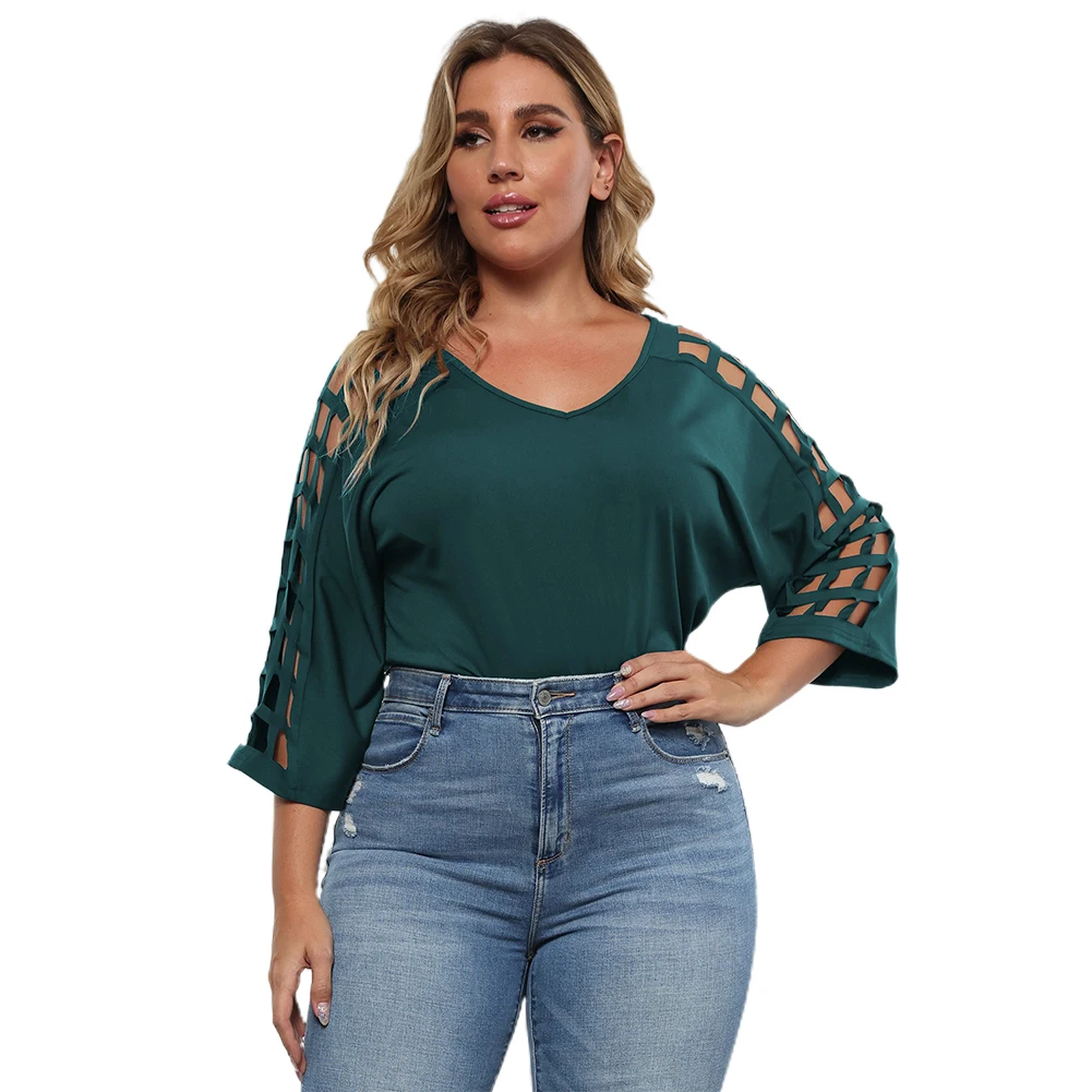 

New Style XL~4XL Women Plus Size Hollow Out Long Sleeve T Shirt V Neck Soild Tee Bat Sleeve Tops Soft And Comfortable