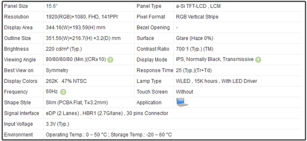 15 6-дюймовая ЖК-панель FHD 1920x1080 141PPI EDP 30 контактов 220 кд/м2 (тип.) IPS Slim без сенсорного