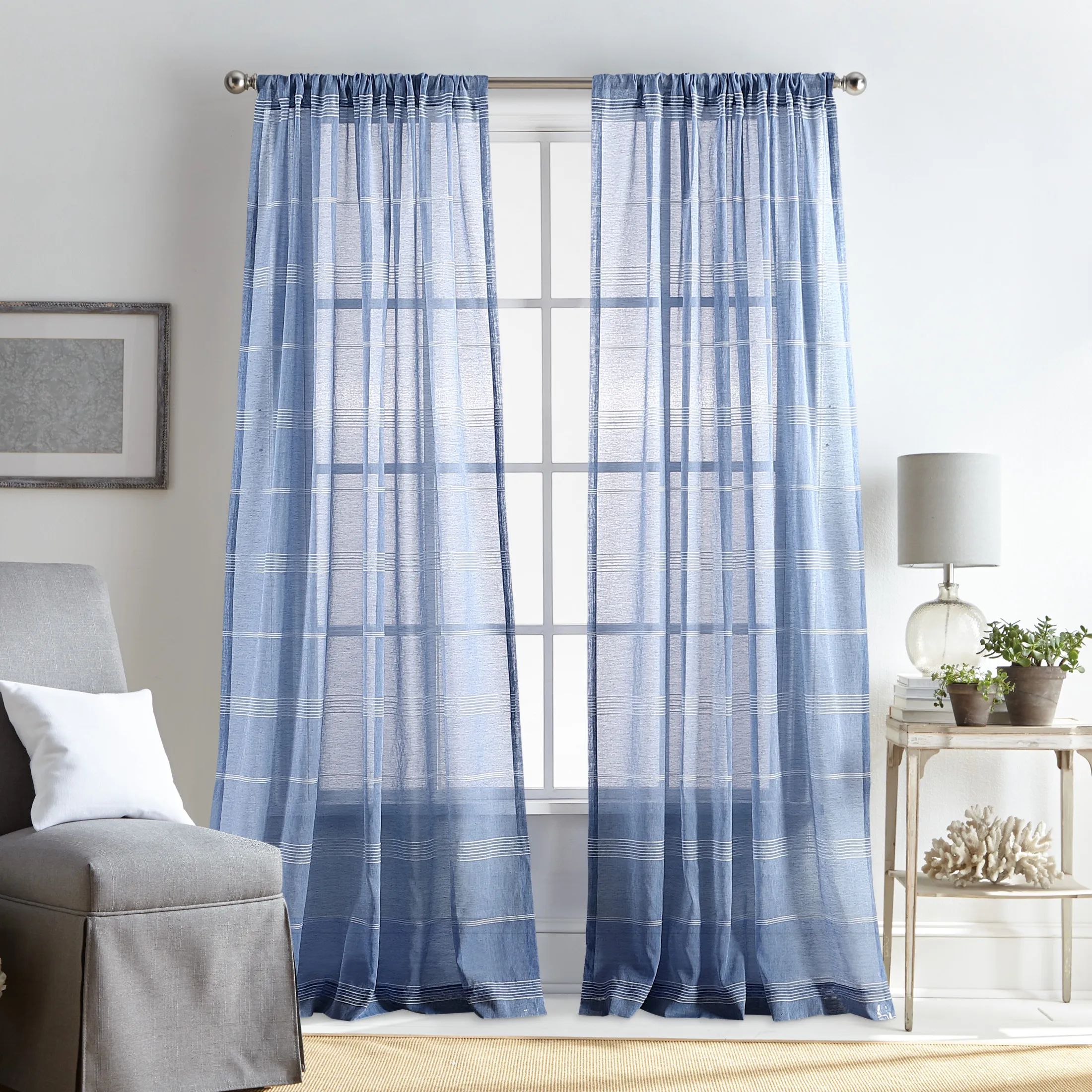 

Delicate Stripe Poletop Panel Pair Indigo 50"x84"