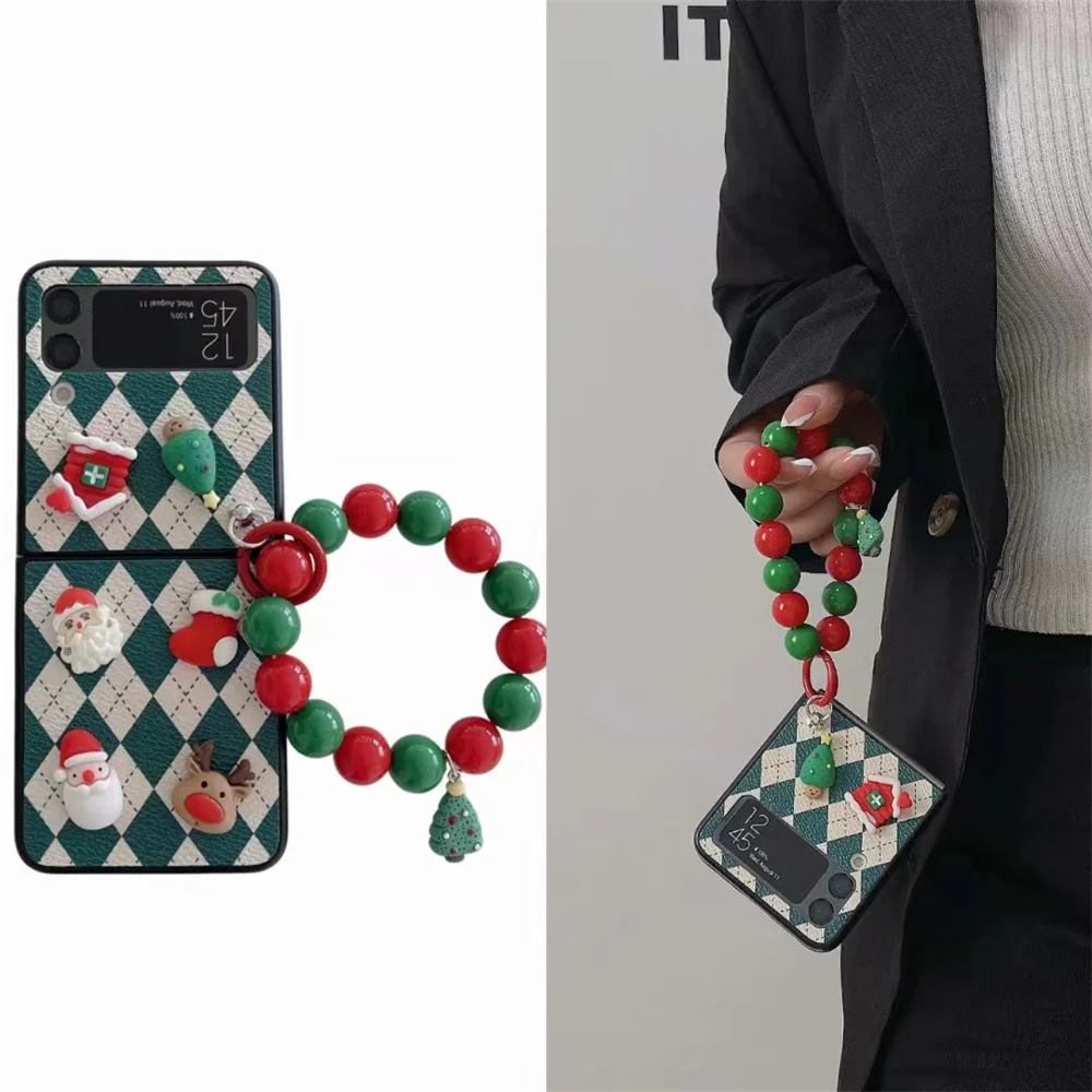 

Cute 3D Merry Christmas Santa Claus Phone Case For Samsung Galaxy Z Flip 4 ZFlip 3 Colored Bead Pendant Hand Chain Folding Cover