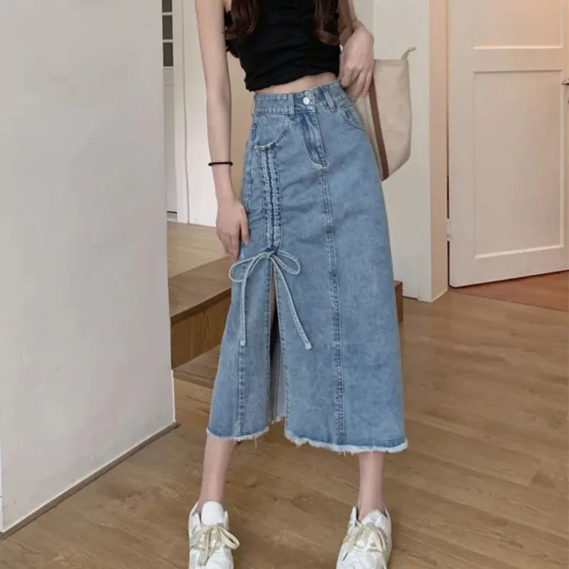 

Юбка-миди в стиле ретро с необработанными краями, весна-лето 2023, джинсовая юбка А-силуэта со шнуровкой и Боковым Разрезом, женская джинсовая юбка с завышенной талией в Корейском стиле