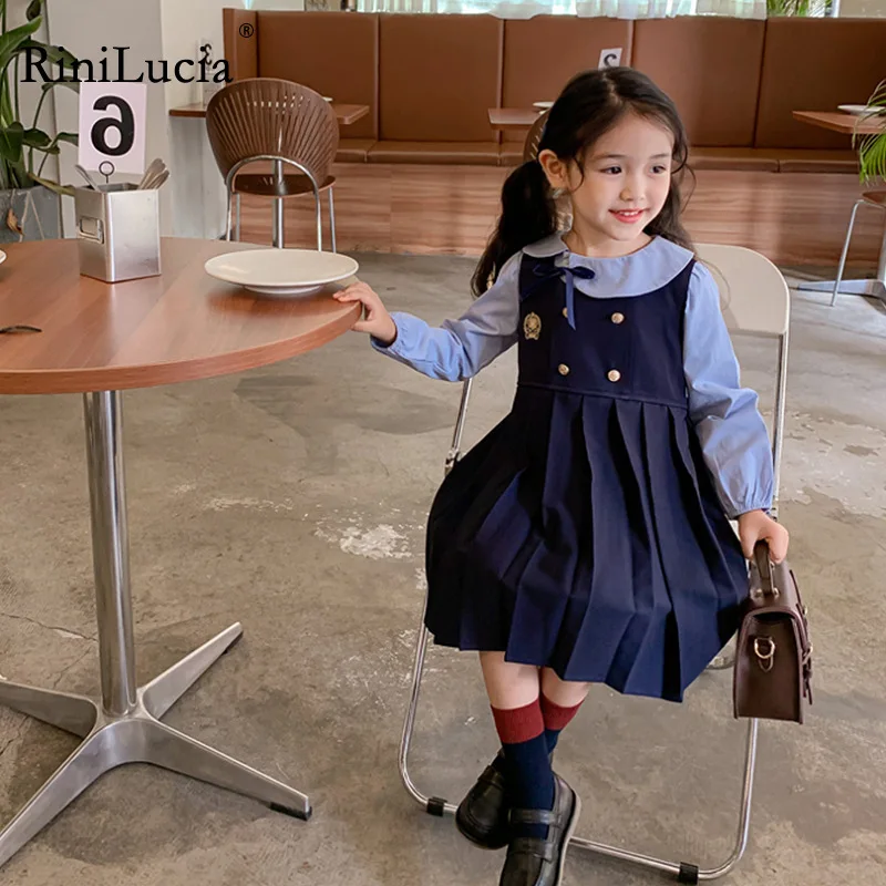 

RiniLucia Children's Suit 2022 Spring New Girls Set Children's Casual Bowknot Shirts Pleated Dress Two-piece Kids Clothing