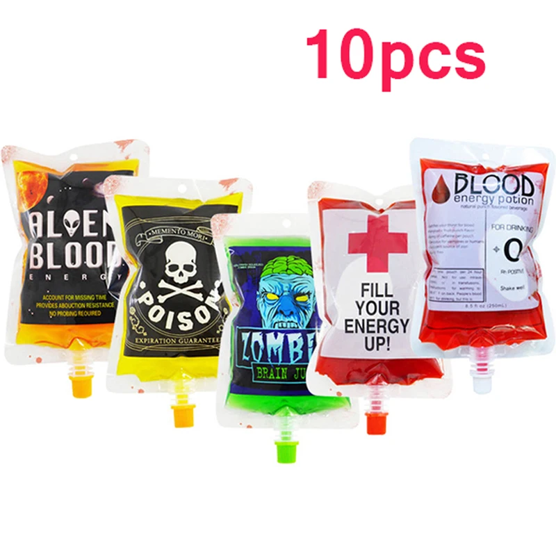 

10pcs Halloween Vampire Blood Spout Bag Plasma Drink Bag Juice Bag Blood Pouch Zombie Beverage Drinks Bags Food Props 250ml