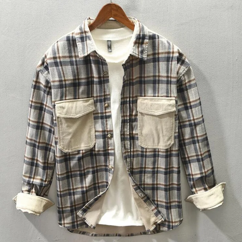 Corduroy Shirt Casual Full Sleeve Thick Patch Pocket Design Button Up Men's Casual Plaid Panel Shirt