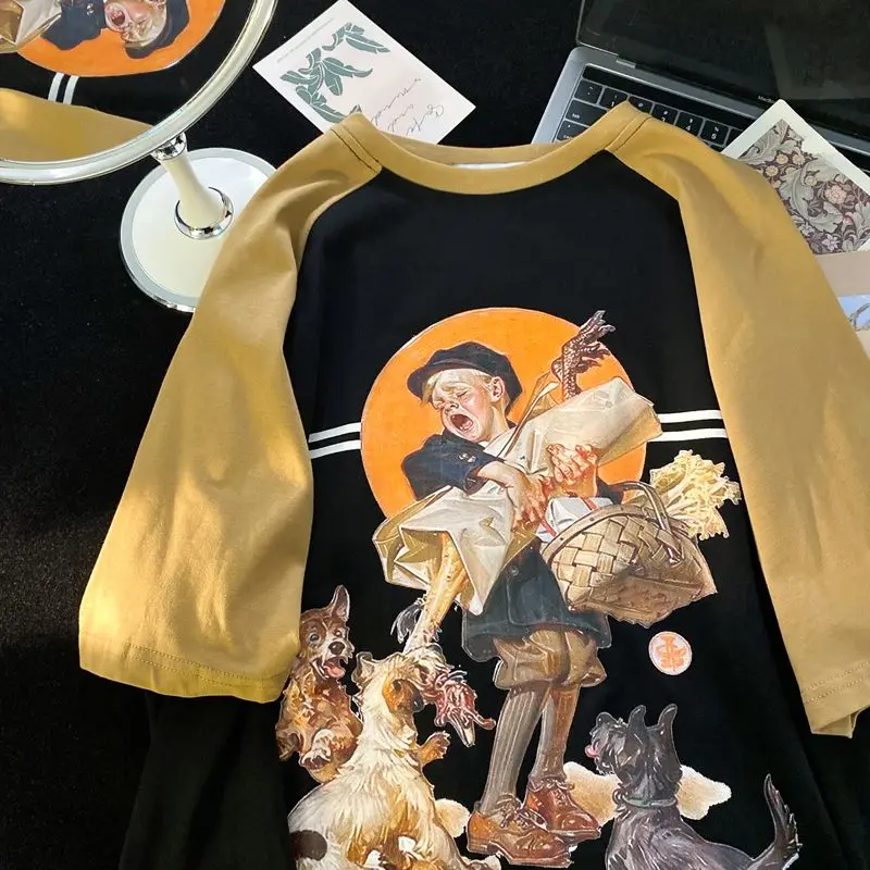 

European Retro Cute Dogs Comics Graphic T Shirts Raglan Sleeves Oversized Tops Streetwear Cute Cartoon Summer Cotton Tees Casual