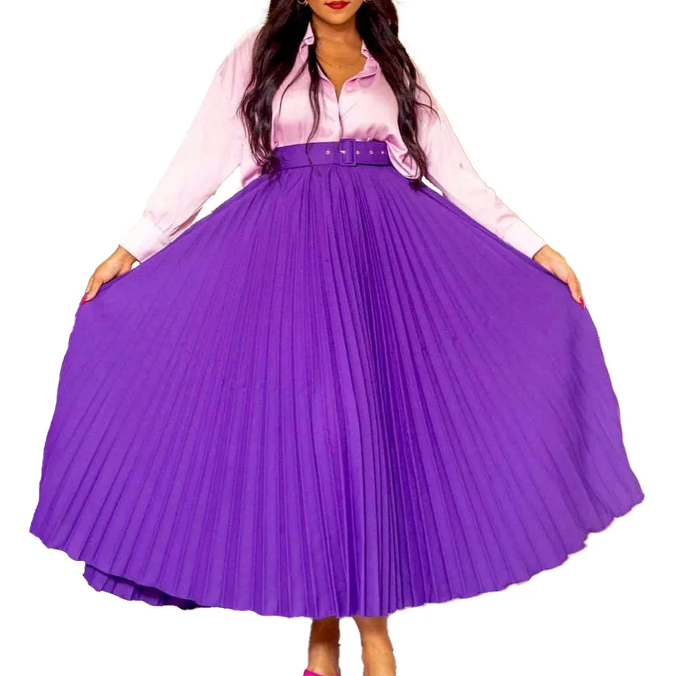 

Plus Size 3XL Women Draped Long Skirt High Waist Design Purple Candy Color Skirts with Belt Female Bottoms