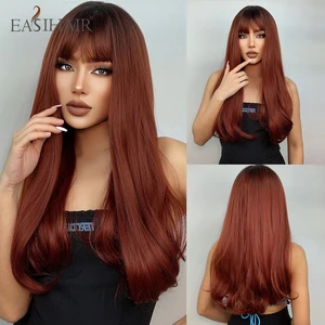 EASIHAIR Brown Red Long Wavy Ombre Synthetic Wigs with Bangs Natural Hair Wigs for Women Cosplay Halloween Wigs Heat Resistant