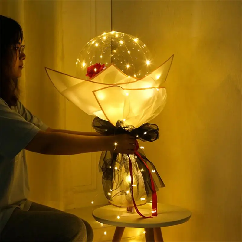 

LED Luminous Balloon Rose Bouquet Lamps Transparent Bobo Ball Rose Valentines Christmas Day Gift Birthday Wedding Party Decor