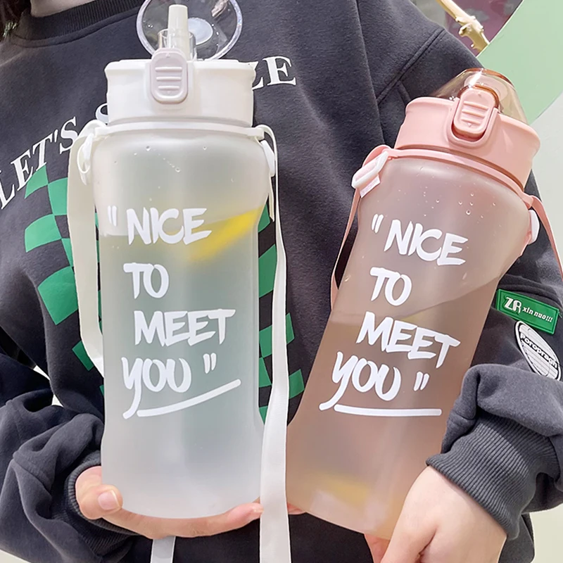 

2200/3800ml Jumbo Sport Water Bottle With Straw Strap Plastic Cute Water Jug Juice Tea Portable Gym Big Drinking Bottle BPA Free