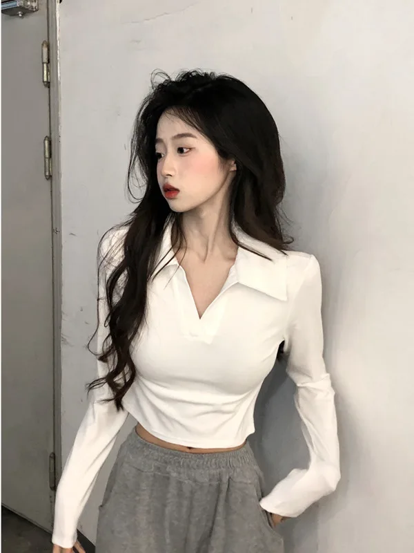 Женская футболка с длинным рукавом воротником-поло