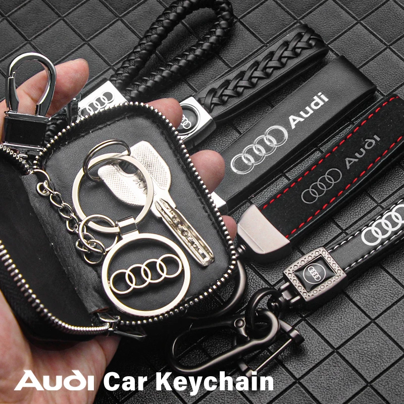 

Car Logo Keychain Leather Car Key Case Metal Keyring Hand Woven 360°Rotating Horseshoe Buckle Key Fob For Audi A3 A4 B5 B6 C6 Q2