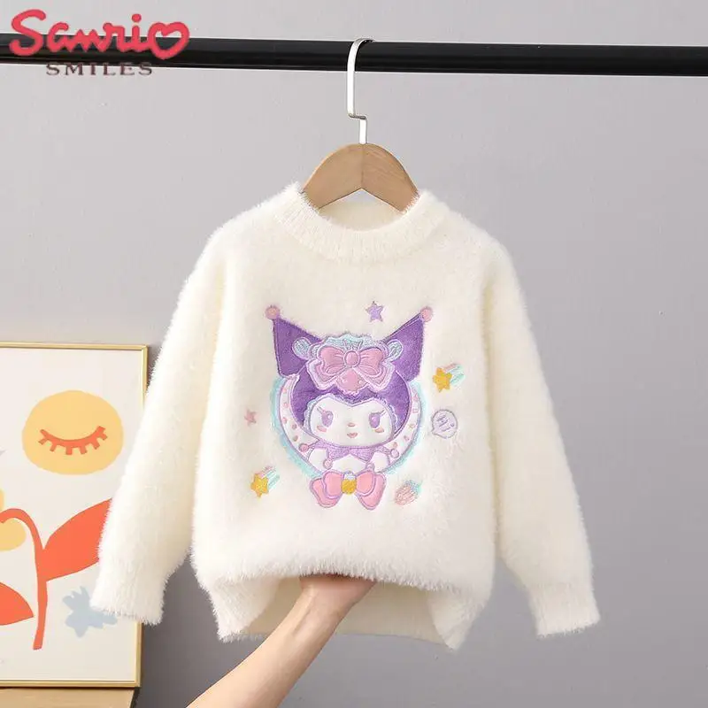 

2023 Sanrio Sweater Girls Kawaii Kuromi Children's Mink Fleece Thickened Sweater Top Plush Cute Student Knit Autumn New Underlay
