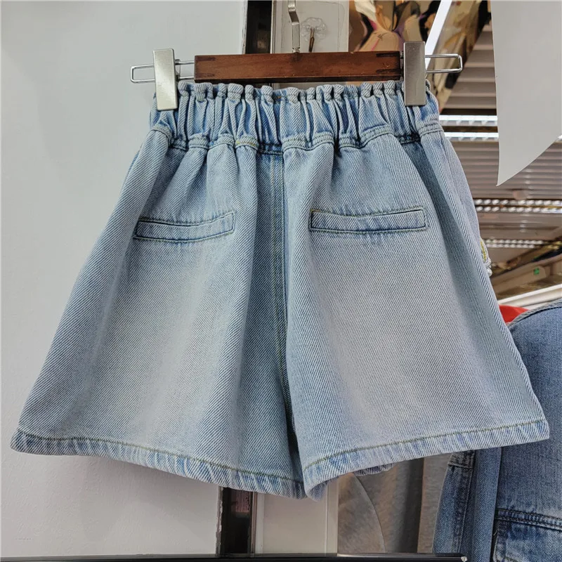 Exquisite Rhinestone Handmade Beaded High Waist Jeans Shorts Women Loose Slimming Wide-Leg Denim Shorts Spring  Summer Bottoms
