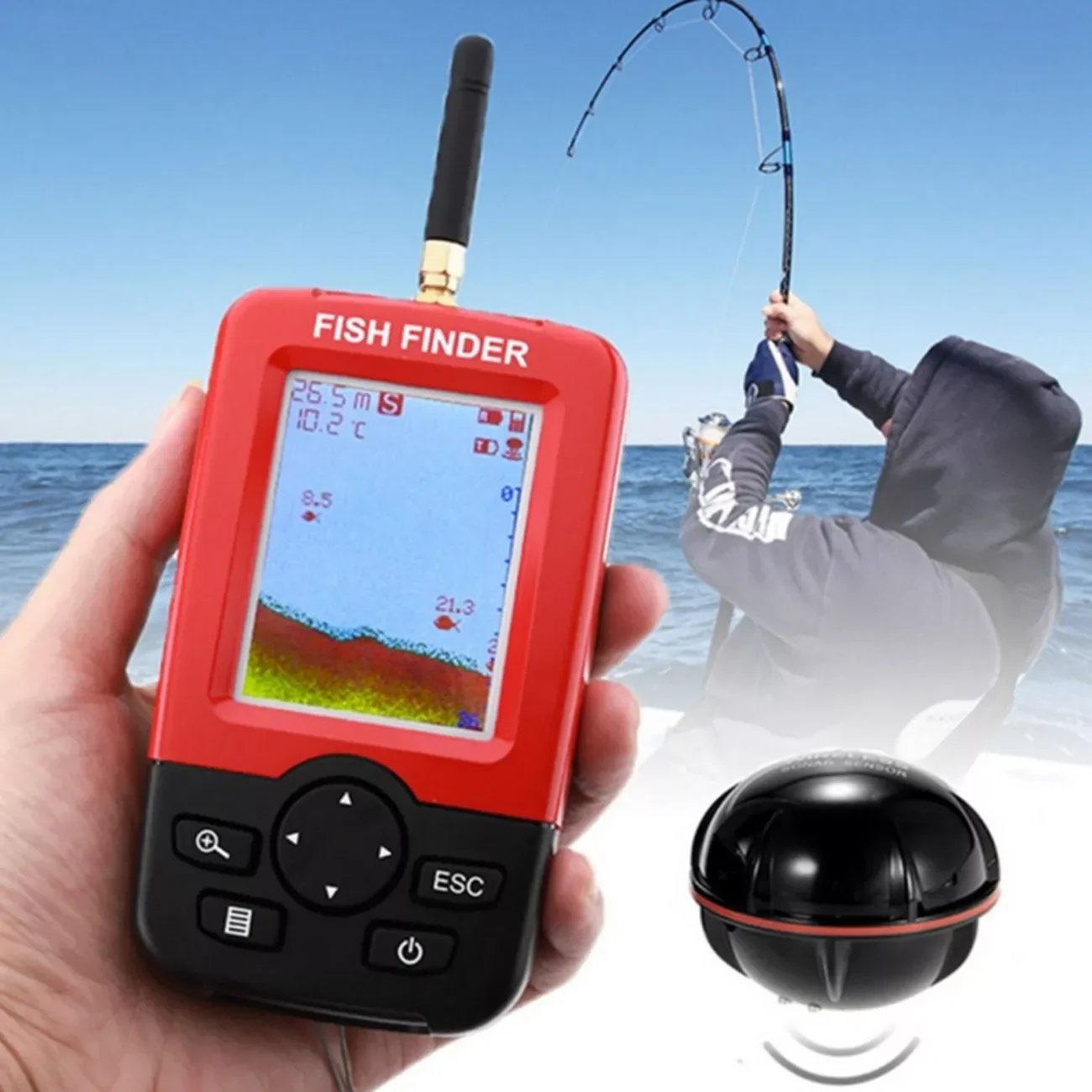 Enlarge Handheld Fish Finder Portable Wireless Sonar Sensor Fishfinder Depth Locator Fishing Gear LCD Display
