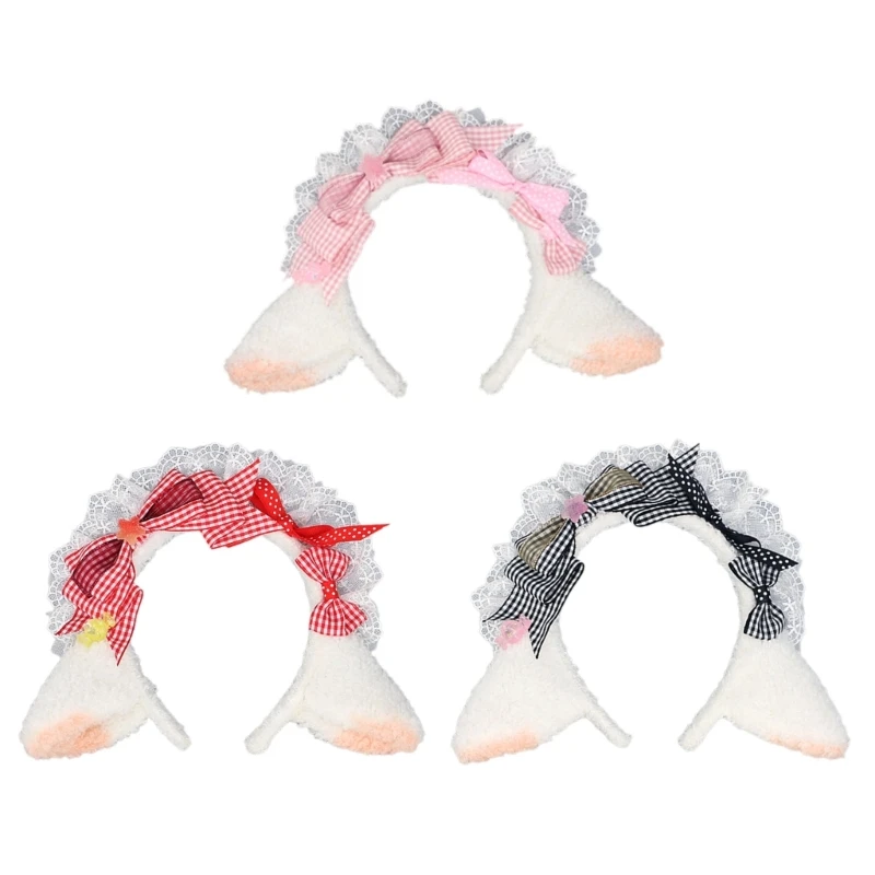 

Lovely Headband Sheep Ear Shape Hairhoop with Pleated Lace for Cosplay Decors 066F