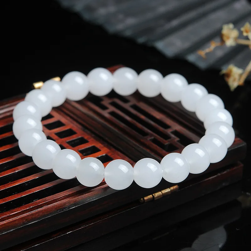 Натуральный белый нефритовый браслет для мужчин и женщин, лечебныеювелирные изделия, настоящие китайские бусины из нефрита, эластичный браслетиз бисера, браслеты-амулеты