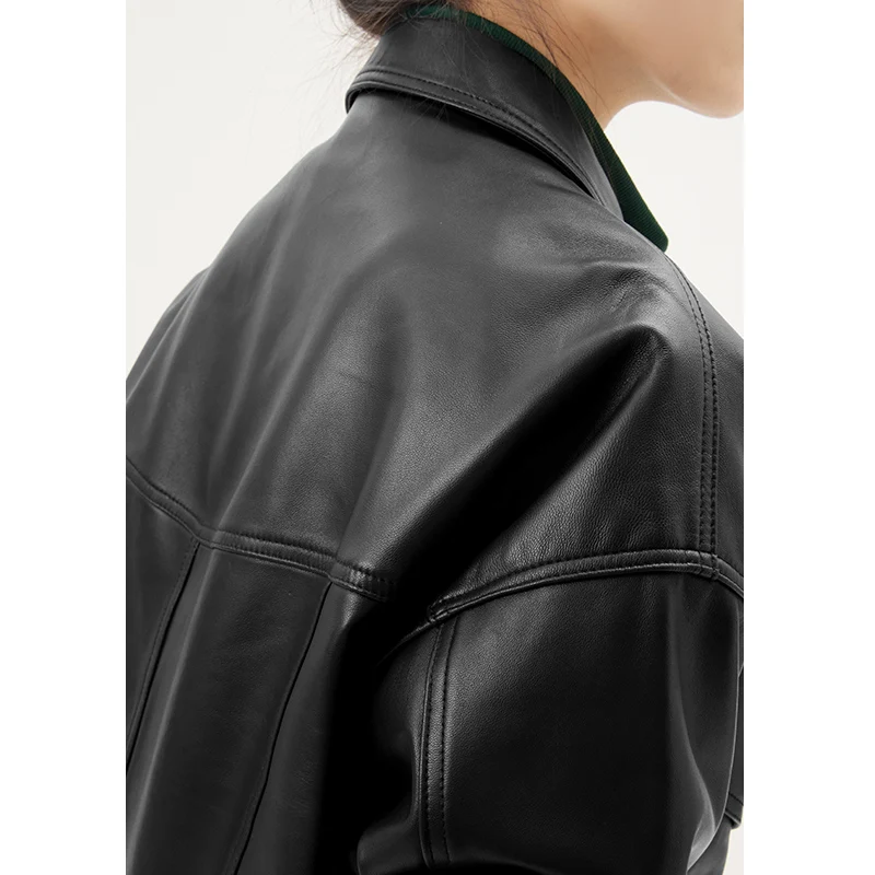 2022 NEW High Street Sheepskin  Real Leather Jacket Women  Single Breasted  High Street  Pockets  Autumn/Winter Crop Top