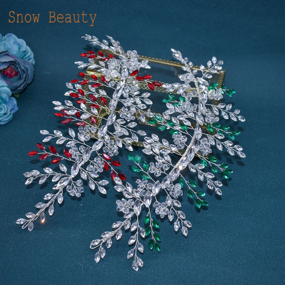 

A441 Handmade Green Rhinestones Wedding Headpiece Red Crystal Bride Headbands Women Party Hair Accessories Bridal Headwear