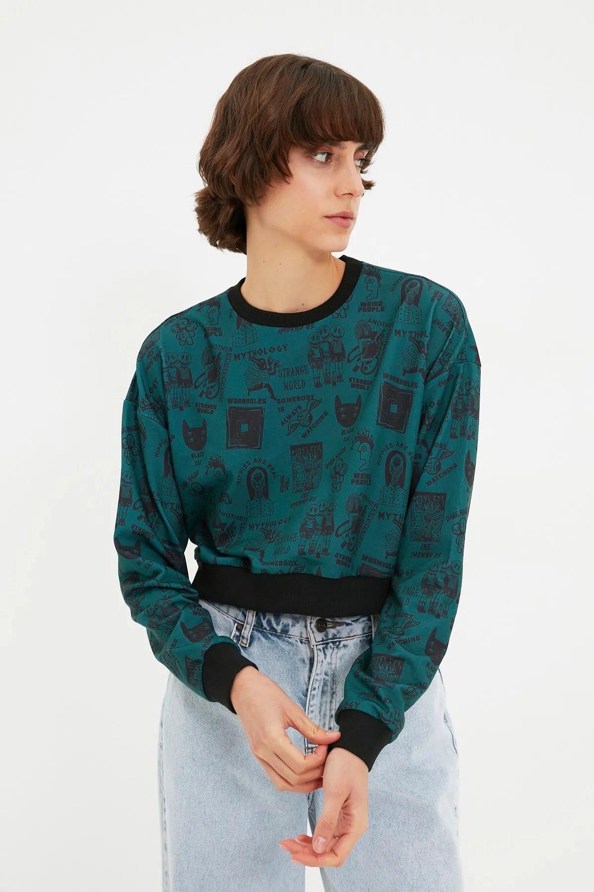 

Женский свитшот с изумрудно-зеленым принтом, укороченные вязаные толстовки, модные всесезонные новые дизайнерские пуловеры, флисовые толс...