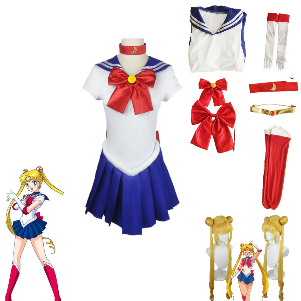 

Anime Sailor Moon Cosplay Costume Tsukino Usagi Uniform Dress Outfits Cosplay Yellow Wig Halloween Carnivl Party Women Kids