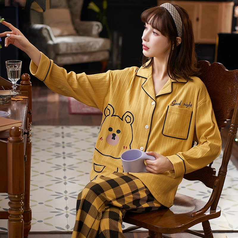 New Princess Style Kawaii Rabbit Printing Soft Cotton Sleepwear Spring Autumn Loose Size Turn-down Collar Pajamas for Girls