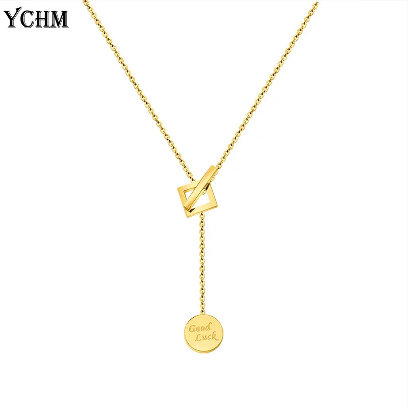 

Stainless Steel Good Luck Letter Tag Pendant Necklace Rose Gold OT Clasp Tassel Necklace for Women Fashion Jewelry