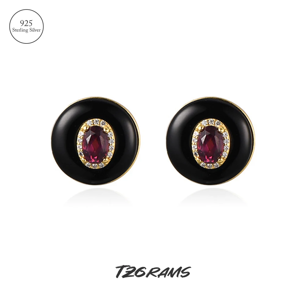 

TZgrams 925 Sterling Silver Round Black Onyx Earrings With Garnet Women's Charms Vintage Earrings Fine Gift With Jewelry Box