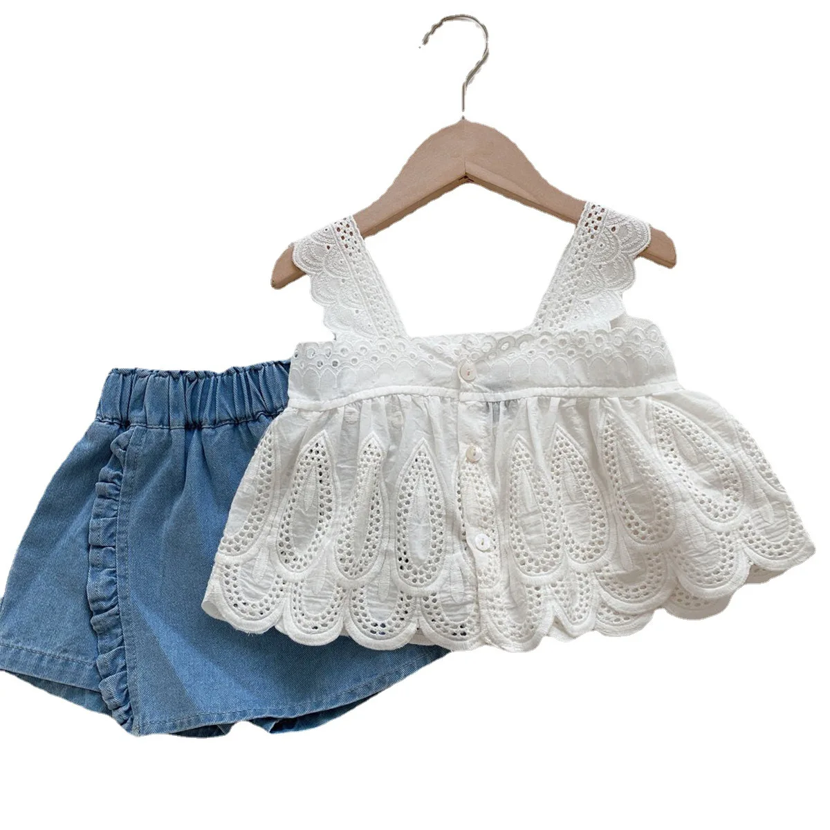 Criscky Girls Set New Fashion Girls Baby Lace Camisole Tops Denim Culottes Two-piece Children's Summer Clothes Suits