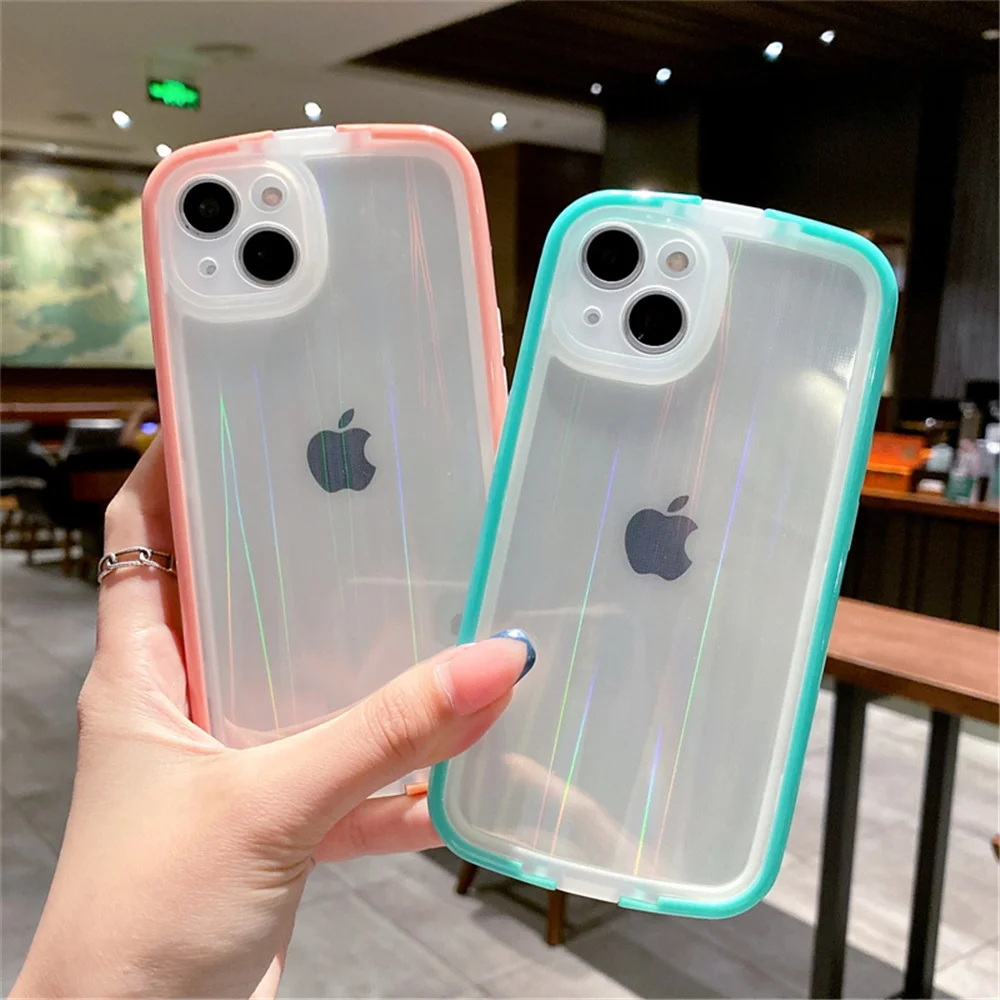 Кейс для телефона Candy Border Bracket Laser Aurora Transparent для iPhone 13 12 11 Pro Max X XR XS 7 8 Plus SE 3 Glitter Holder Cover.