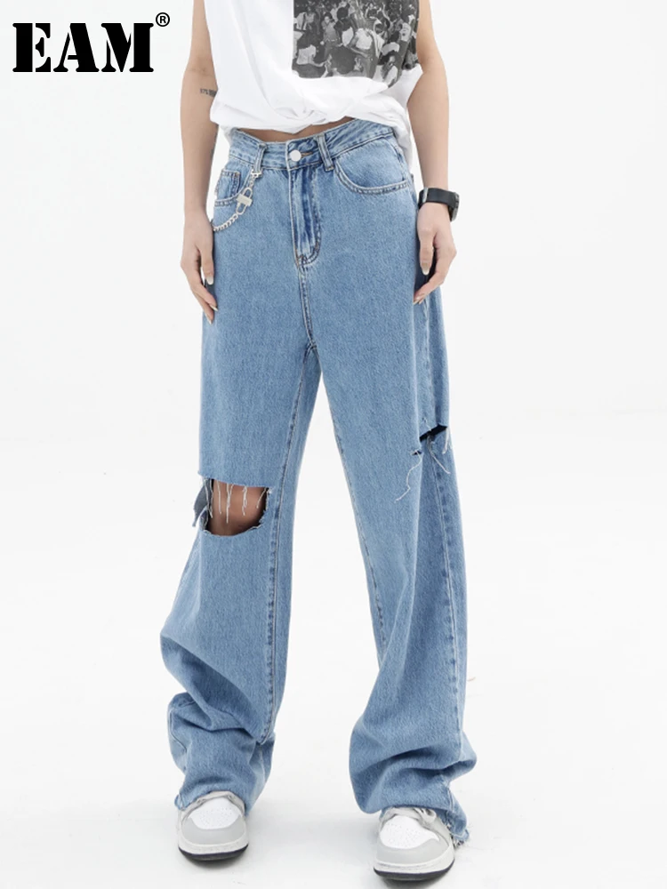 

[EAM] High Waist Blue Denim Holes Long Casual Wide Leg Jeans New Loose Women Trousers Fashion Tide Spring Autumn 2022 1DE8606