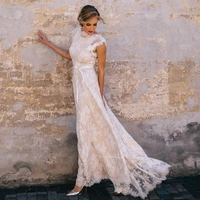 boho elegant 2022 vintage champagne lace bohemian wedding dress a line cap sleeve sexy backless bridal gown vestidos de novia