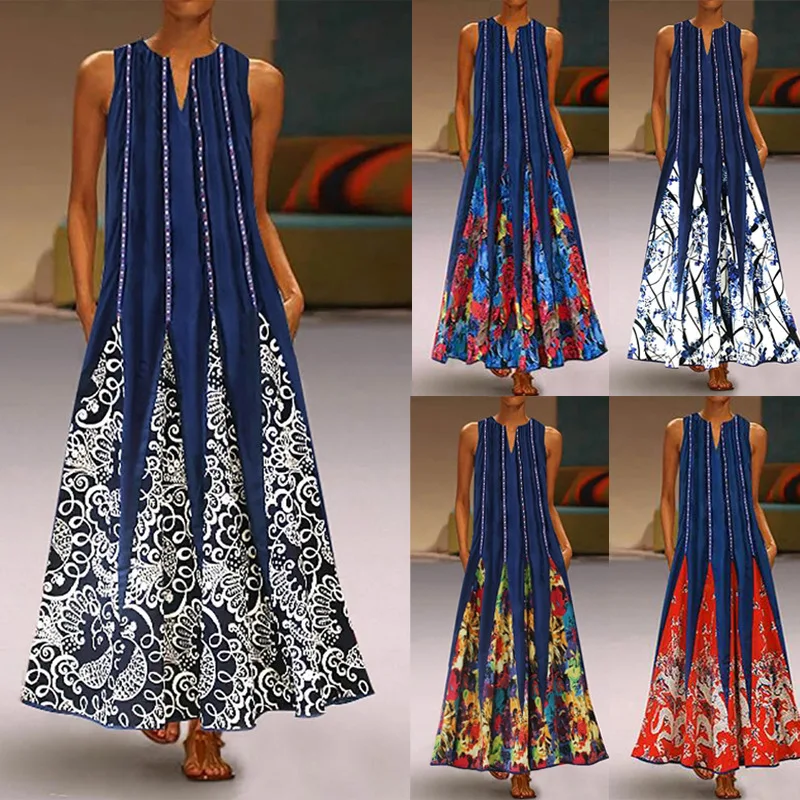 

New vintage print dress for women V-neck sleeveless summer dress 9632