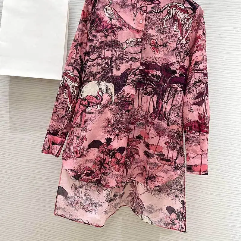 

23Women Printed Shirt Loose Blouse Fashion Runway Single Breasted Mid High Collar Embroidery Shirt Elegant Women Clothes 2Color