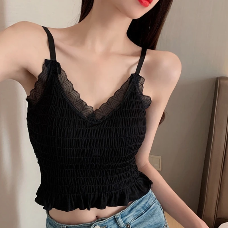 

Женский топ на тонких бретельках, пикантный топ с глубоким V-образным вырезом и открытой спиной, укороченный топ-труба с кружевом, базовый об...