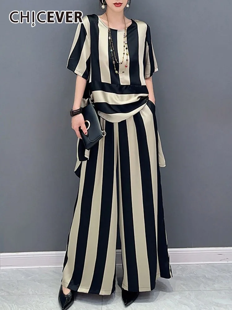 

Женский комплект из двух предметов CHICEVER, в полоску, с круглым вырезом, с коротким рукавом, высокая талия, широкие брюки, корейский свободный комплект