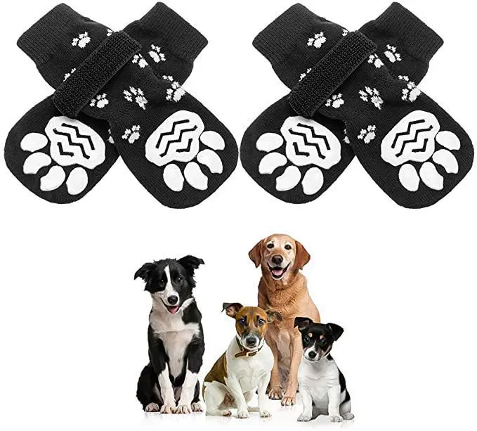 

4pcs Anti-Slip Dog Socks Adjustable Dog Paw Protector Traction Control Indoor Wear Knitted Dog Socks with Rubber Reinforcement