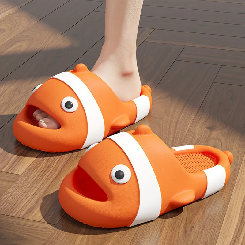 Man Women Cartoon Fish Slippers 2023 Summer New Home Anti-Skid Eva Solid Color Couple Outdoor Cool Indoor Household Funny Shoes